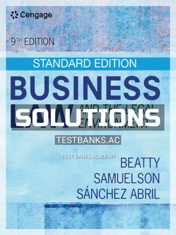 Cover for Solutions Manual for Business Law and the Legal Environment 9th Edition by Beatty