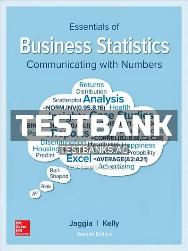 Cover for Test Bank for Essentials of Business Statistics 2nd Edition by Jaggia